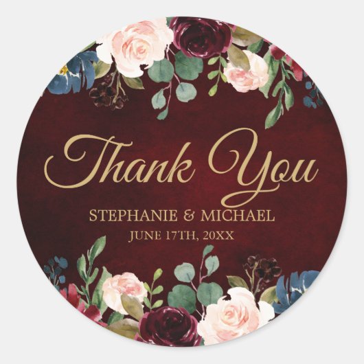 Burgundy Red Navy Floral Rustic Boho bedankt Ronde Sticker (Voorkant)