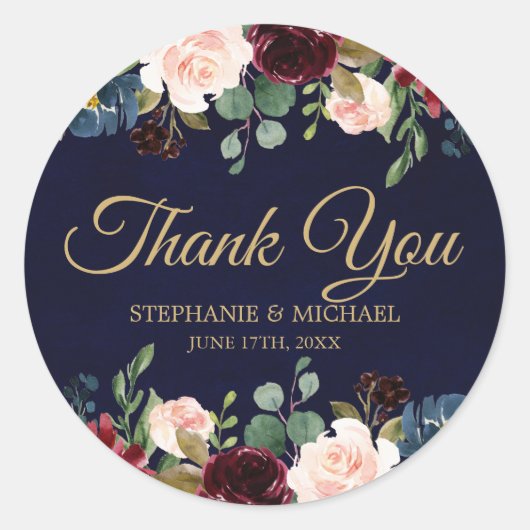 Burgundy Red Navy Floral Rustic Boho bedankt Ronde Sticker (Voorkant)