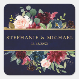 Burgundy Red Navy Floral Rustic Boho bedankt Vierkante Sticker