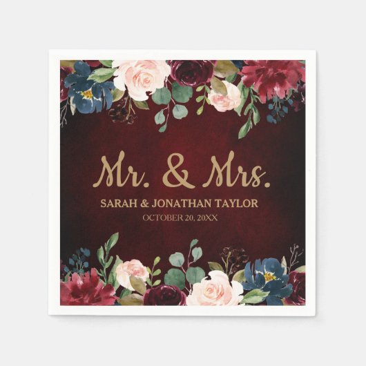 Burgundy Red Navy Floral Rustic Boho Paper Napkin Servet (Voorkant)