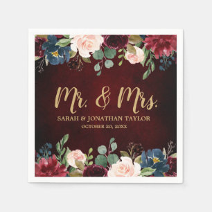 Burgundy Red Navy Floral Rustic Boho Paper Napkin Servet