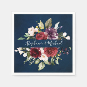 Burgundy Red Navy Floral Rustic Boho Paper Napkin Servet