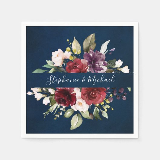 Burgundy Red Navy Floral Rustic Boho Paper Napkin Servet (Voorkant)