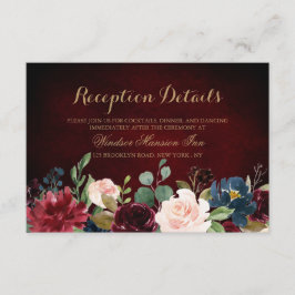 Burgundy Red Navy Floral Rustic Boho Reception Informatiekaartje