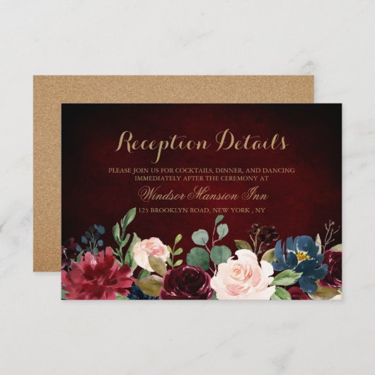 Burgundy Red Navy Floral Rustic Boho Reception Informatiekaartje (Voorkant / Achterkant)
