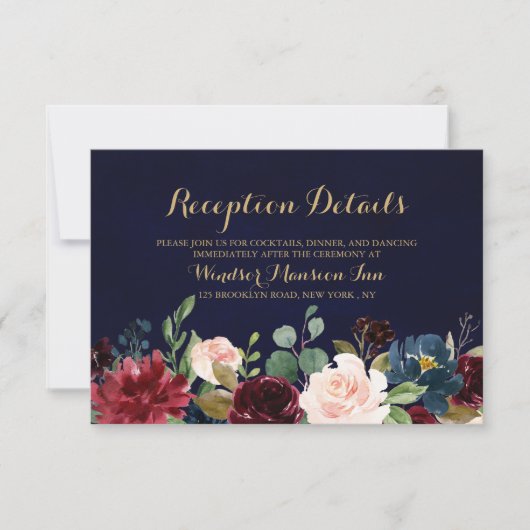 Burgundy Red Navy Floral Rustic Boho Reception Kaart (Voorkant)