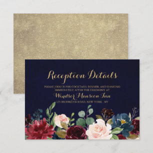 Burgundy Red Navy Floral Rustic Boho Reception Kaart