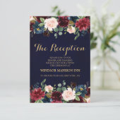 Burgundy Red Navy Floral Rustic Boho Reception Kaart (Staand voorkant)