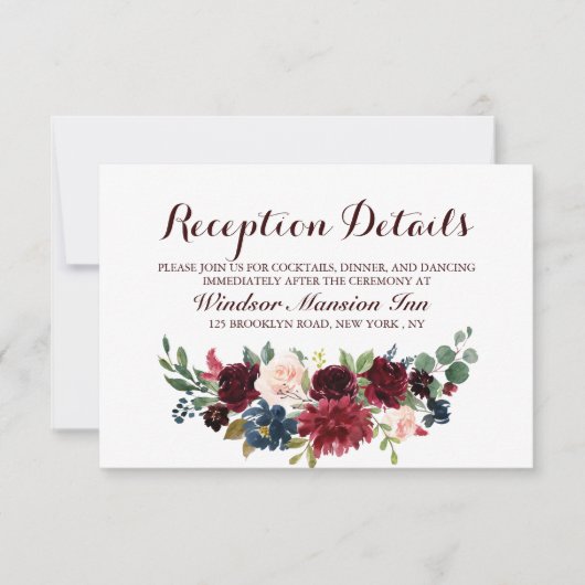 Burgundy Red Navy Floral Rustic Boho Reception Kaart (Voorkant)
