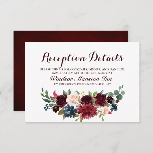 Burgundy Red Navy Floral Rustic Boho Reception Kaart (Voorkant / Achterkant)