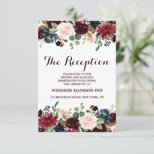 Burgundy Red Navy Floral Rustic Boho Reception Kaart (Staand voorkant)