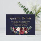 Burgundy Red Navy Floral Rustic Boho Reception Kaart (Staand voorkant)