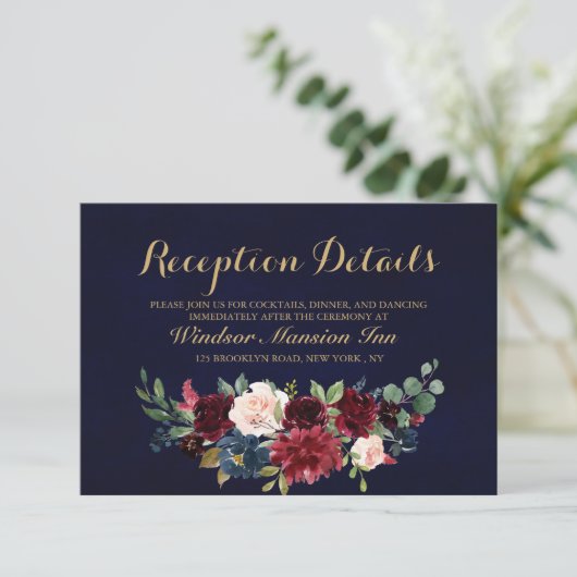 Burgundy Red Navy Floral Rustic Boho Reception Kaart (Staand voorkant)
