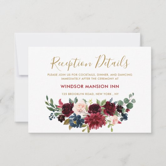Burgundy Red Navy Floral Rustic Boho Reception Kaart (Voorkant)