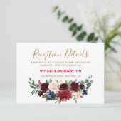 Burgundy Red Navy Floral Rustic Boho Reception Kaart (Staand voorkant)