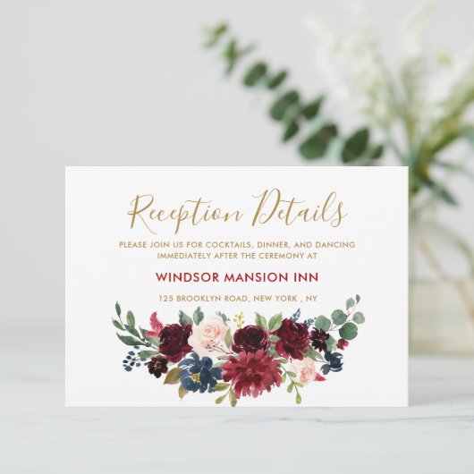 Burgundy Red Navy Floral Rustic Boho Reception Kaart (Staand voorkant)