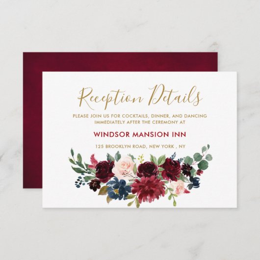 Burgundy Red Navy Floral Rustic Boho Reception Kaart (Voorkant / Achterkant)
