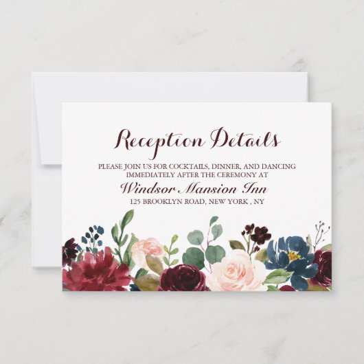 Burgundy Red Navy Floral Rustic Boho Reception Kaart (Voorkant)
