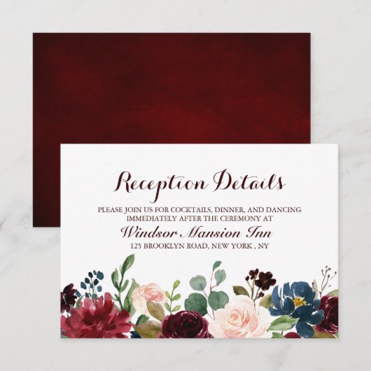 Burgundy Red Navy Floral Rustic Boho Reception Kaart (Voorkant / Achterkant)
