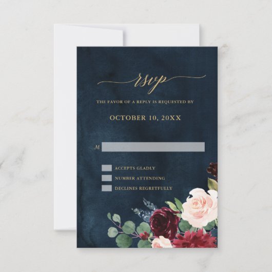 Burgundy Red Navy Floral Rustic Boho RSVP Kaartje (Voorkant)