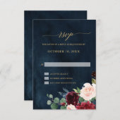 Burgundy Red Navy Floral Rustic Boho RSVP Kaartje (Voorkant / Achterkant)