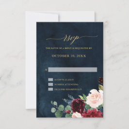 Burgundy Red Navy Floral Rustic Boho RSVP Kaartje