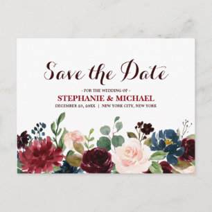Burgundy Red Navy Floral Rustic Boho Save the Date Aankondigingskaart