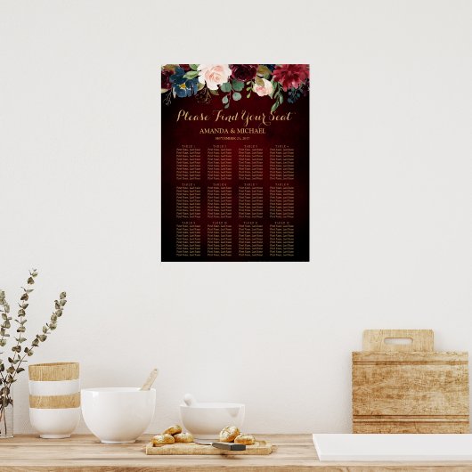 Burgundy Red Navy Floral Rustic Boho Seating Chart Poster (Keuken)