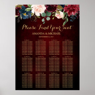Burgundy Red Navy Floral Rustic Boho Seating Chart Poster
