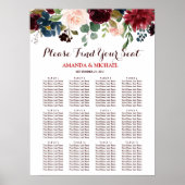 Burgundy Red Navy Floral Rustic Boho Seating Chart Poster (Voorkant)