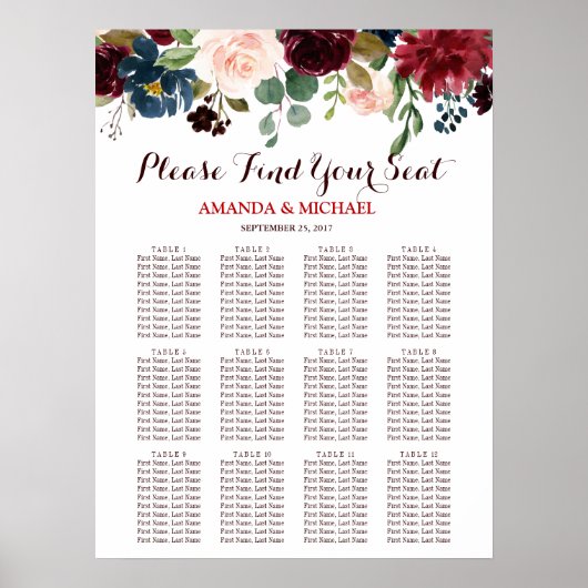 Burgundy Red Navy Floral Rustic Boho Seating Chart Poster (Voorkant)