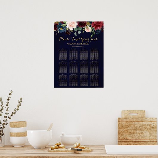 Burgundy Red Navy Floral Rustic Boho Seating Chart Poster (Keuken)