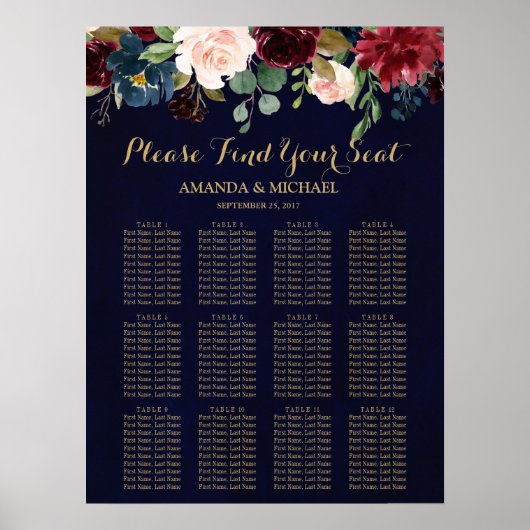 Burgundy Red Navy Floral Rustic Boho Seating Chart Poster (Voorkant)