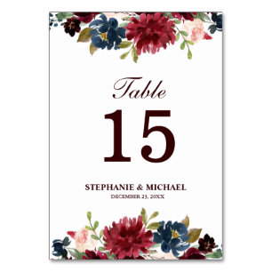 Burgundy Red Navy Floral Rustic Boho Table Number Kaart