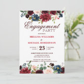Burgundy Red Navy Floral Rustic Boho Verloving Kaart (Staand voorkant)