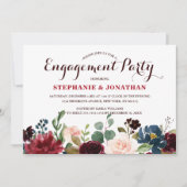 Burgundy Red Navy Floral Rustic Boho Verloving Kaart (Voorkant)