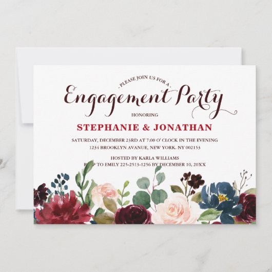 Burgundy Red Navy Floral Rustic Boho Verloving Kaart (Voorkant)