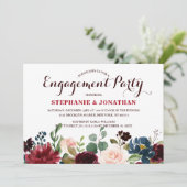 Burgundy Red Navy Floral Rustic Boho Verloving Kaart (Staand voorkant)