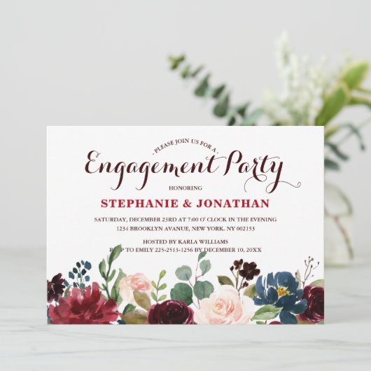 Burgundy Red Navy Floral Rustic Boho Verloving Kaart (Staand voorkant)