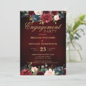 Burgundy Red Navy Floral Rustic Boho Verloving Kaart (Staand voorkant)