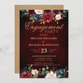 Burgundy Red Navy Floral Rustic Boho Verloving Kaart (Voorkant / Achterkant)