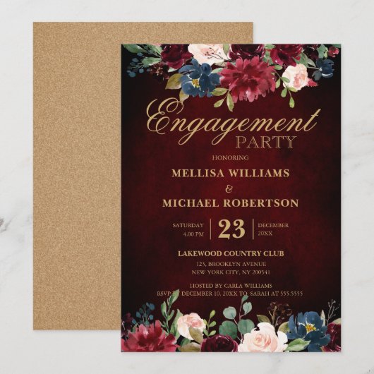 Burgundy Red Navy Floral Rustic Boho Verloving Kaart (Voorkant / Achterkant)