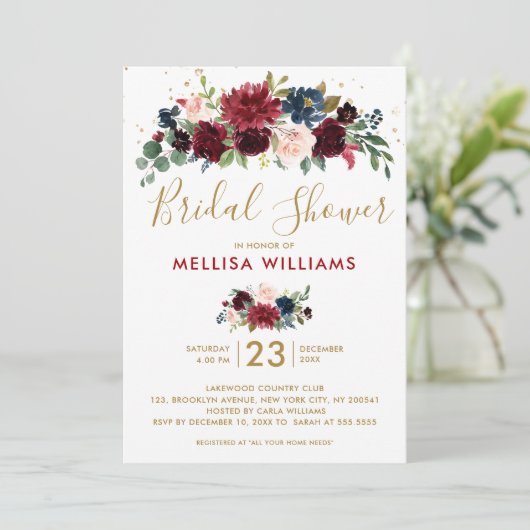 Burgundy Red Navy Floral Rustic Boho Vrijgezellenf Kaart (Staand voorkant)