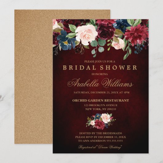 Burgundy Red Navy Floral Rustic Boho Vrijgezellenf Kaart (Voorkant / Achterkant)