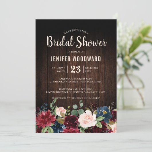 Burgundy Red Navy Floral Rustic Boho Vrijgezellenf Kaart (Staand voorkant)