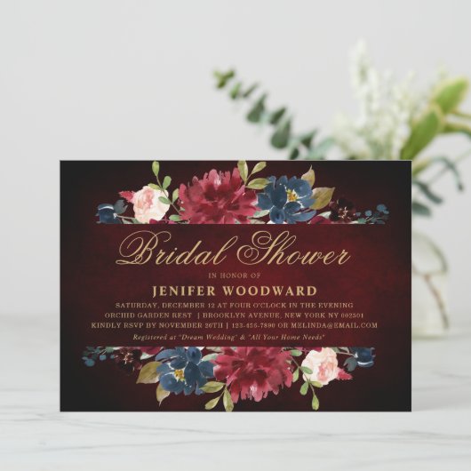 Burgundy Red Navy Floral Rustic Boho Vrijgezellenf Kaart (Staand voorkant)