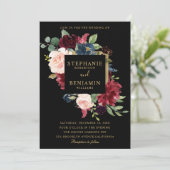 Burgundy Red Navy Floral Rustic Boho Wedding Kaart (Staand voorkant)