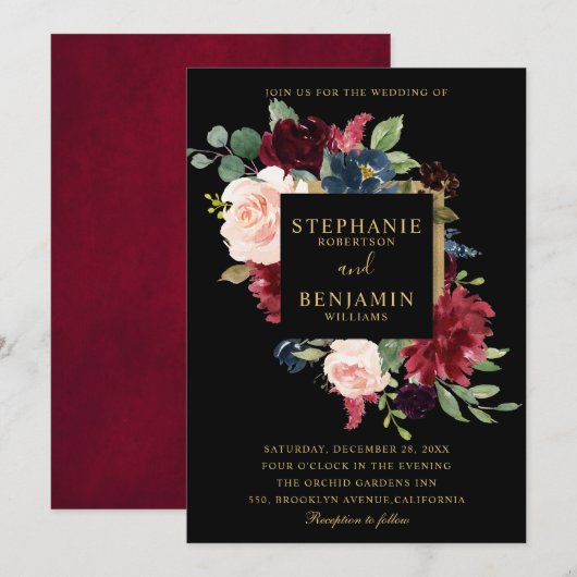 Burgundy Red Navy Floral Rustic Boho Wedding Kaart (Voorkant / Achterkant)