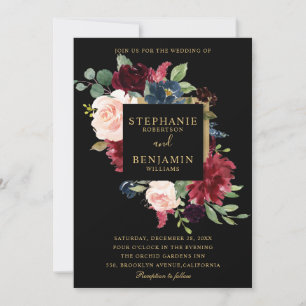 Burgundy Red Navy Floral Rustic Boho Wedding Kaart