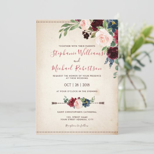 Burgundy Red Navy Floral Rustic Boho Wedding Kaart (Staand voorkant)